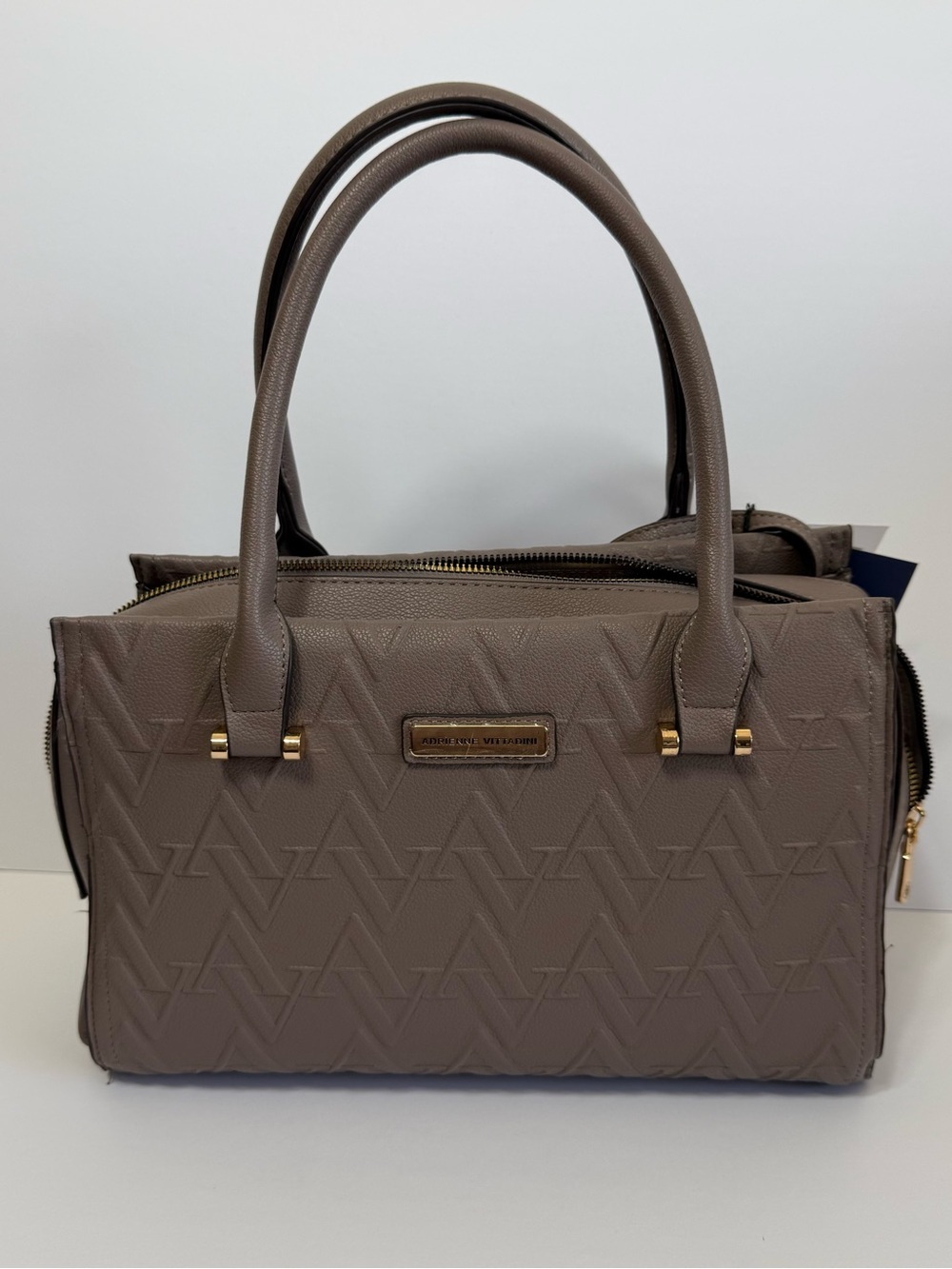NWT Adrienne Vittadini Bernetta Monogram Embossed Taupe Satchel Bag & Pouch